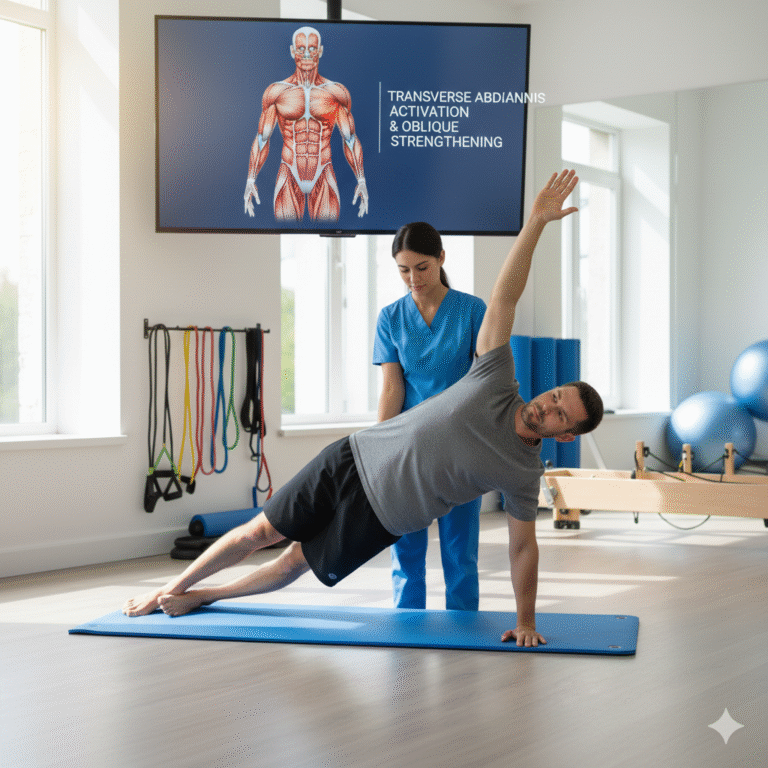 A male patient performing a side plank on a blue mat, supported by one arm and his feet. A female physiotherapist stands behind him for support. A background monitor displays a muscular diagram of the human torso.
