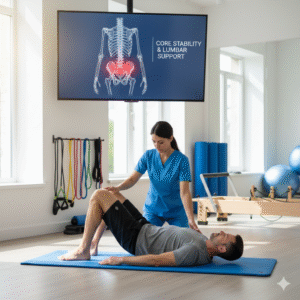 A male patient lies on a blue yoga mat in a bright clinic, performing a bridge exercise with a female physiotherapist assisting. A screen in the background shows a skeletal diagram highlighting the lumbar spine and pelvis.