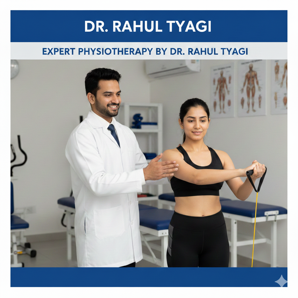 A professional poster showing a male physiotherapist in a white lab coat guiding a female patient through shoulder exercises using a resistance band in a modern clinic. The text "DR. RAHUL TYAGI" is displayed prominently at the top.