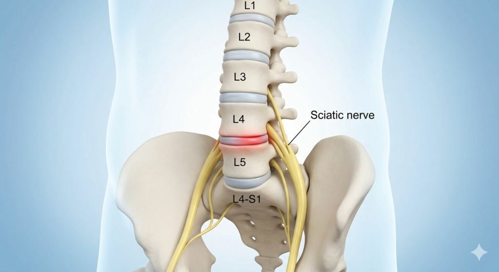 Sciatic-Nerve 3D medical visualization of the human lumbar spine and the sciatic nerve path (L4-S1) at ISPC Clinics Wave City