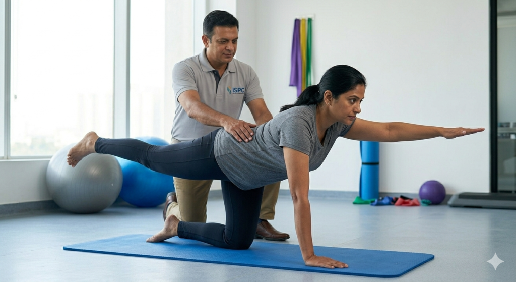 A patient performing a bird-dog core stabilization exercise on a physiotherapy mat under supervision.