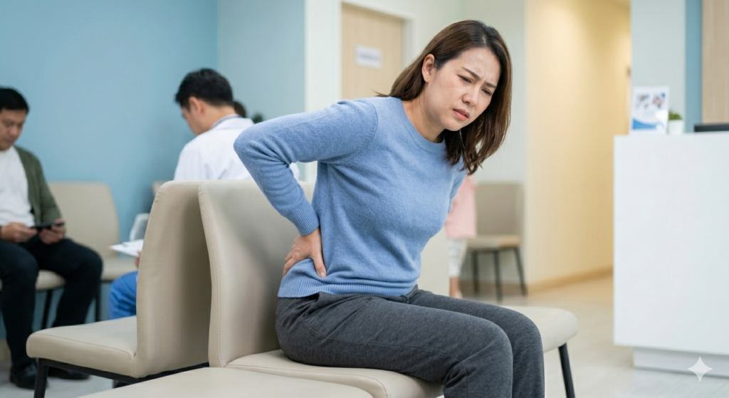 A candid photograph of a female resident of Ghaziabad, seated uncomfortably in a medical waiting room, clutching her lower back in severe pain. Her expression conveys distress. The background shows blurred details of a clinic similar to the Indian Spine & Pain Care Center in Wave City Sector 02.