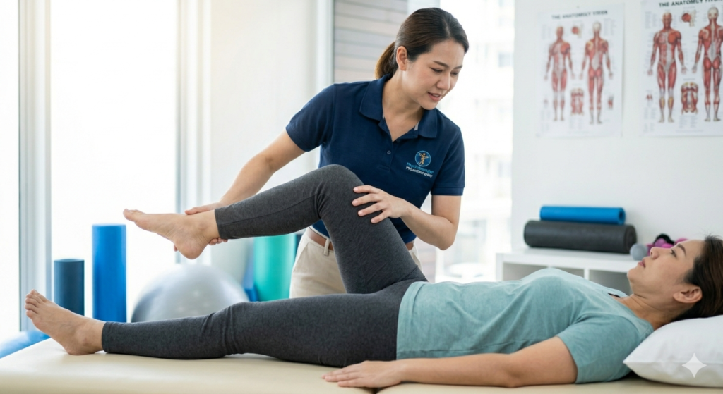A light-filled photograph from a professional physiotherapy clinic in Alpha 2, Greater Noida. A patient, a woman in comfortable charcoal leggings and a teal shirt, lies on a treatment table. She is executing a gentle core-strengthening exercise. A skilled female physiotherapist, wearing a professional navy blue polo and beige trousers, stands beside her, guiding her leg and providing manual support with a focused, encouraging expression. Rehabilitation equipment and anatomical posters are softly blurred in the background. Natural light streams from a window.
