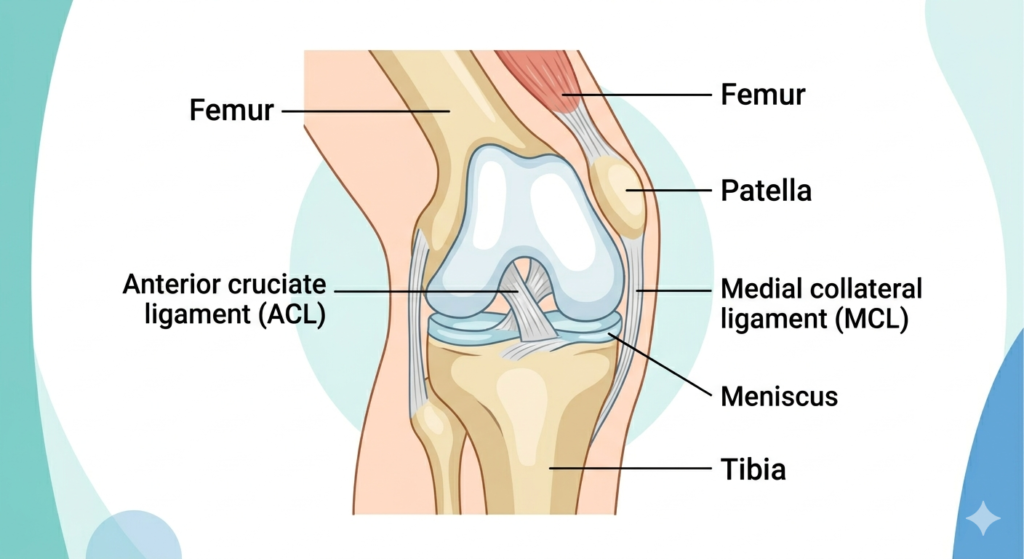 A labeled medical diagram of human knee anatomy showing the Femur, Patella, Tibia, ACL, MCL, and Meniscus, used for patient education in Greater Noida clinics.