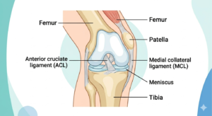 A labeled medical diagram of human knee anatomy showing the Femur, Patella, Tibia, ACL, MCL, and Meniscus, used for patient education in Wave City, Ghaziabad physiotherapy clinics.