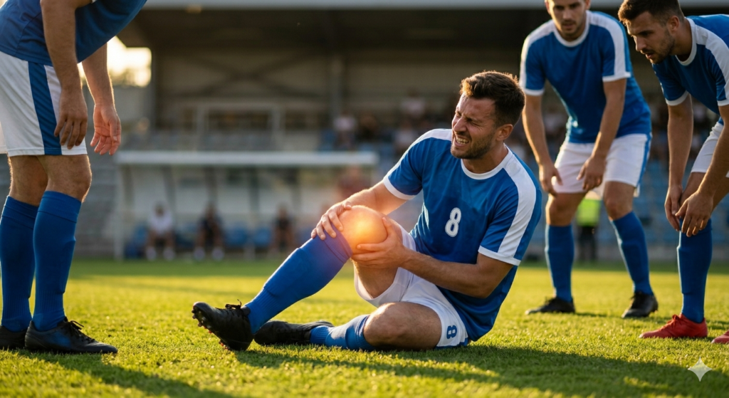 A sports player from Japeey Sports Complex Greater Noida, clutching his knee in pain on a sports field, highlighting the need for specialised sports physiotherapy in Alpha 2.